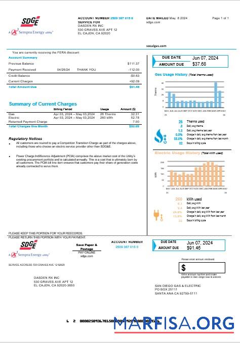 Downloadable USA California San Diego Gas & Electric (SDG&E) business utility bill template in Word and PDF formats